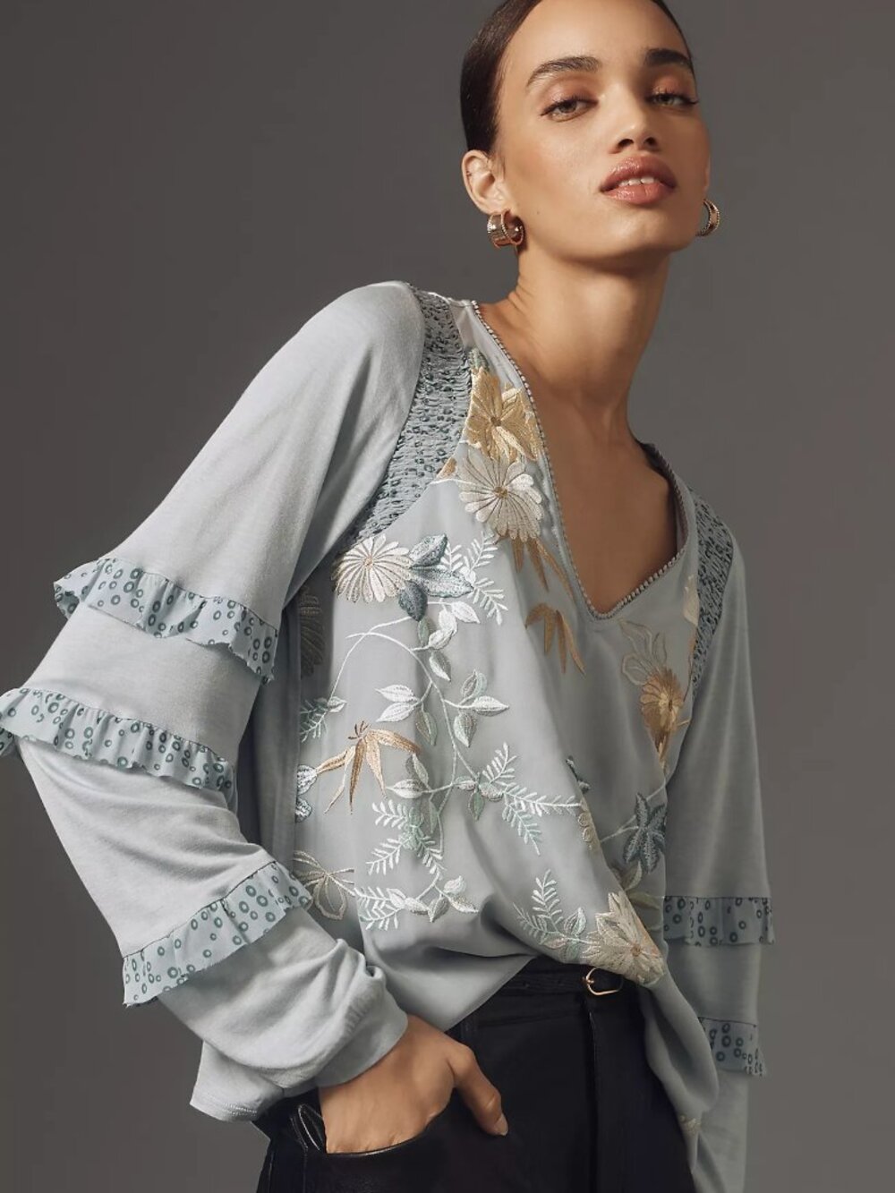 Anthropologie Tiny Frances V-Neck Long Sleeve Ruffled Floral Embroidered Top L